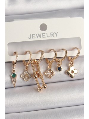 Pirinç Gold Renk Çoklu Figür Kadın Küpe Seti