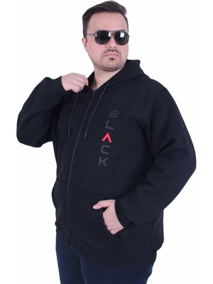 Starbattal Büyük Beden Kapüşonlu Fermuarlı 3ip Sweat Black 25716 Sıyah