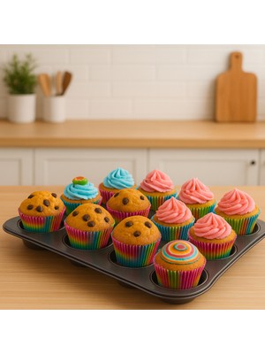 Homvira🧁 12’li Metal Muffin ve Cupcake Kek Kalıbı | Yapışmaz Kaplamalı Fırın Tepsisi – Dayanıklı, Isıya Dayanıklı, Kolay Temizlik