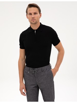 Pierre Cardin Erkek Siyah Slim Fit Polo Yaka Fermuarlı Triko Kazak 50302609-VR046