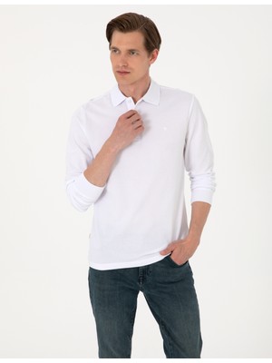 Pierre Cardin Erkek Beyaz Slim Fit Kıvrılmaz Polo Yaka Basic Pike Sweatshirt 50314048-VR013