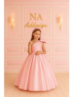 Tek Omuz Fiyonk Detaylı Lüks Saten Çocuk Abiye Elbise- 6 Renk Seçeneği