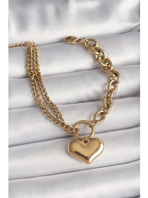316L Çelik Gold Renk 2'li Zincir Model Kalp Figür Kadın Bileklik