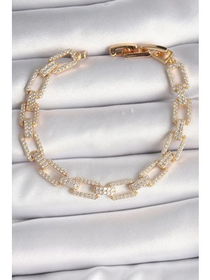 Pirinç Gold Renk Zirkon Taşlı Zincir Model Vıp Seri Kadın Bileklik