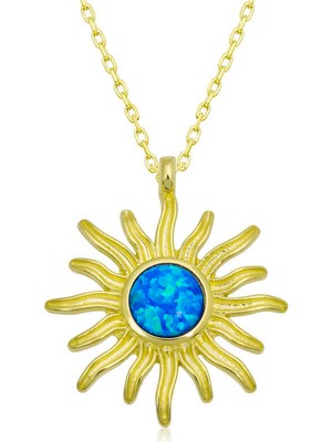 ​925 Ayar Gümüş Mavi Opal Taşlı Güneş Kadın Gümüş Kolye
