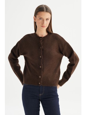 Relaxed Fit Geniş Kesim Düğmeli Kahverengi Triko Hırka