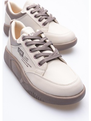 Kadın Deri Sneaker Bağcıklı Spor Ayakkabı Bej Avelo