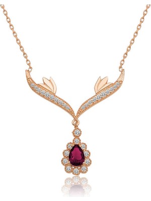 925 Ayar Gümüş Rose Kırmızı Taşlı Madalyon Kadın Gümüş Kolye