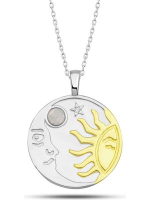 925 Ayar Gümüş Opal Beyaz Taşlı Ay Güneş Kadın Kolye