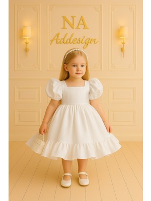 Kız Çocuk Saten Balon Kollu Incili Prenses Elbise – 5 Renk Seçenekli