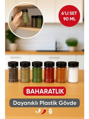 6’lı Dayanıklı Plastik Baharatlık Seti – Şeffaf Gövde, Siyah Kapak, Düzenli Mutfaklar Için 90 ml