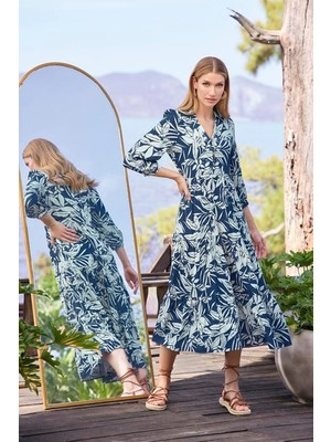 Monamise Yaprak Desenli Önü Düğmeli Truvakar Kollu Elbise