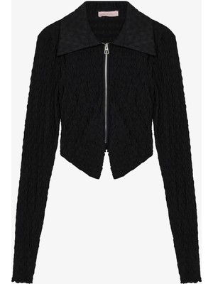 Gofre Dokulu Fermuarlı Crop Bluz Siyah