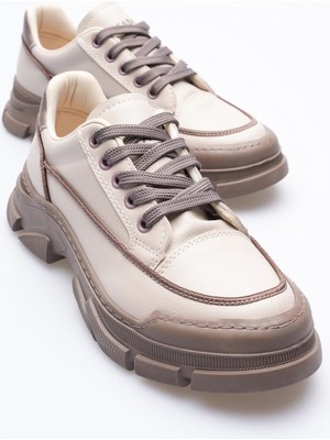 Kadın Deri Sneaker Bağcıklı Spor Ayakkabı Bej Mareo