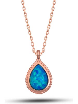 925 Ayar Gümüş Rose Damla Mavi Opal Taşlı Kadın Kolye