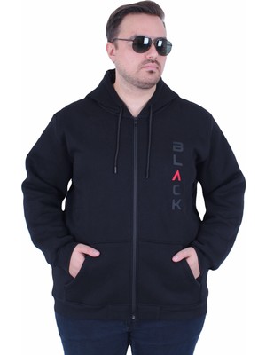 Mocgrande Büyük Beden Kapüşonlu Fermuarlı 3ip Sweat Black 25716 Sıyah