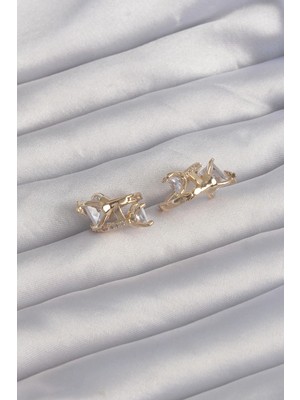 Pirinç Gold Renk Iri Zirkon Taşlı Kıvrımlı Minimal Kelebekli Halka Küpe