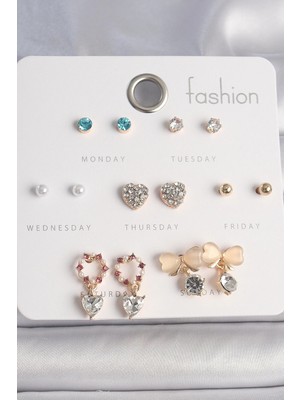 Pirinç Gold Renk Zirkon Taşlı Kalp Beyaz Mineli Fiyonk Figür 7 Çift Kadın Küpe Seti