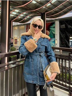 Harma Time Butik Kadın Kemerli Kürk Detaylı Kot Mavi Ceket