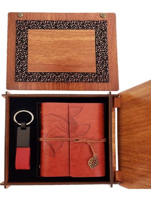 Ahşap Kutulu Kahve Deri Defter ve Anahtarlık Set
