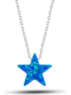 ​925 Ayar Gümüş Opal Mavi Taşlı Yıldız Kadın Kolye