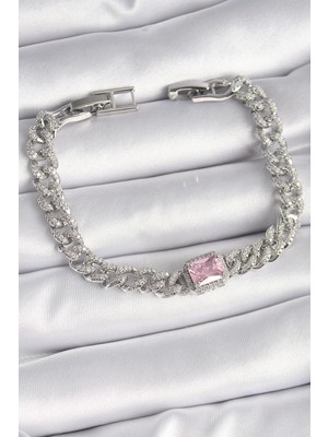 Pirinç Gümüş Renk Pembe Kare Zirkon Taşlı Vıp Seri Kadın Bileklik