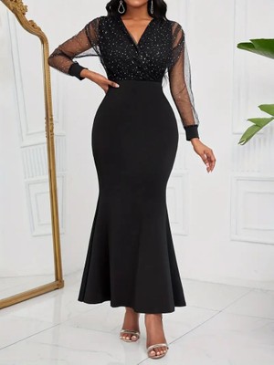 Ahes Shopping Kadın Uzun Kollu Kruvaze Yakalı Taş ve Tül Detaylı Uzun Ithal Krep Elbise