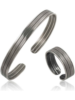 925 Ayar Gümüş Çizgi Desenli Bileklik ve Yüzük Set