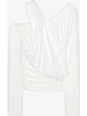 Drapeli Asimetrik Düğümlü Bluz Ekru