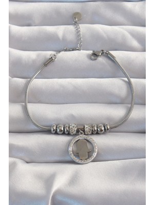 316L Çelik Gümüş Renk Zirkon Taş Aksesuarlı Fatma Ana Eli Bileklik