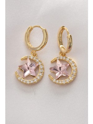 Pirinç Gold Renk Pembe Zirkon Taşlı Yıldız Detay Ay Küpe
