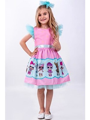Buse & Eylül Bebe Buse & Eylül Kız Çocuk Parti Elbisesi Pembe Tül Detaylı Desenli Şık Tasarım