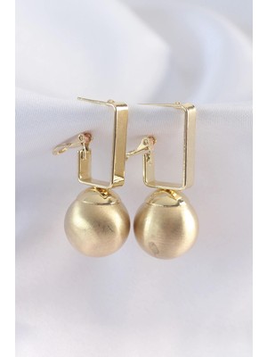 Pirinç Gold Renk Dikdörtgen Detay Oval Küpe