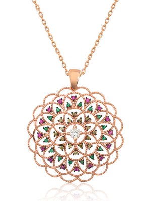Gümüş Rose Geometrik Desenli Madalyon Kolye