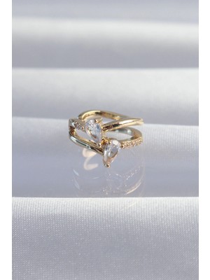 Pirinç Gold Renk Zirkon Taşlı Damla Earcuff Küpe