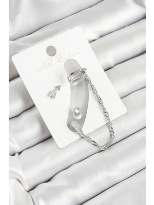 Pirinç Ok Figürlü Zirkon Taşlı Gümüş Renk 3'lü Kıkırdak Kadın Küpe Set