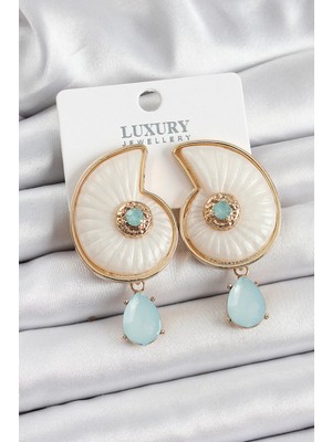 Pirinç Sedef Deniz Kabuğu Figürlü Zirkon Taşlı Gold Renk Kadın Küpe