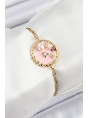 316L Çelik Zincir Pembe Mineli Sanatsal Portre Inci Detaylı Çiçek Model Gold Renk Kadın Bileklik