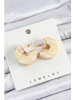 Pirinç Mermer Desenli Vintage Yarım Halka Model Gold Renk Kadın Küpe