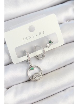 Pirinç Zirkon Taşlı Göz ve Baykuş Model Gümüş Renk 3'lü Çift Kadın Küpe Set