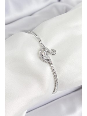 Pirinç Gümüş Renk Zirkon Taşlı Kuğu Model Kadın Bileklik