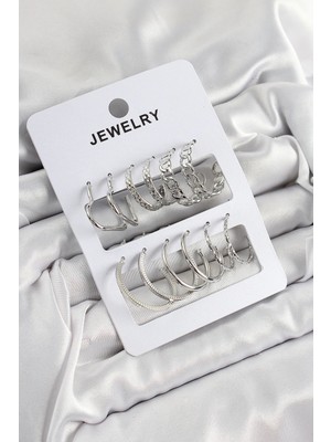 Pirinç Karışık Halka Model Gümüş Renk 6 Çift Kadın Küpe Set