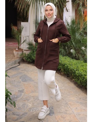 Kahverengi Kapitone Fermuarlı Cepli Kap