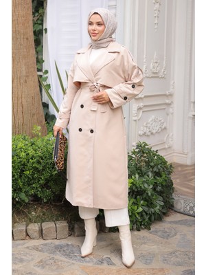 Bej Kruvaze Yaka Bel Kuşaklı Trençkot