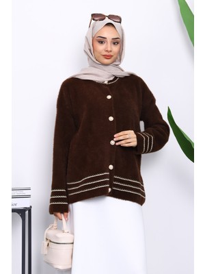Kahverengi Biye Detaylı Angora Yumoş Triko Hırka