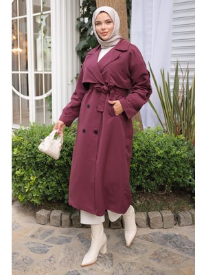 Mürdüm Kruvaze Yaka Bel Kuşaklı Trençkot