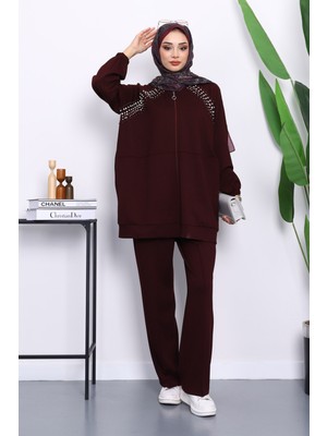 Bordo Taş Detaylı Fermuarlı Pantolonlu Tunik Modal Takım