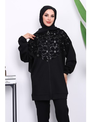 Siyah Çiçek Desenli Fermuarlı Tunik