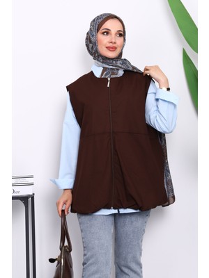 Kahverengi Fermuarlı Oversize Astarlı Yelek