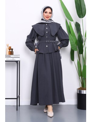 Antrasit Yaka Detaylı Gömlek Etekli Takım